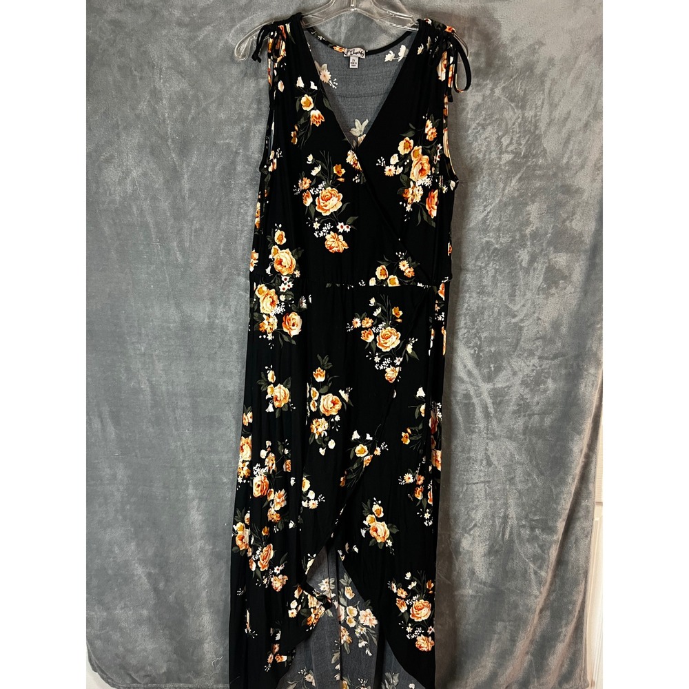 J for Justify 2X Black Orange Floral Tie Shoulder High Low Maxi Dress Gypsy Boho